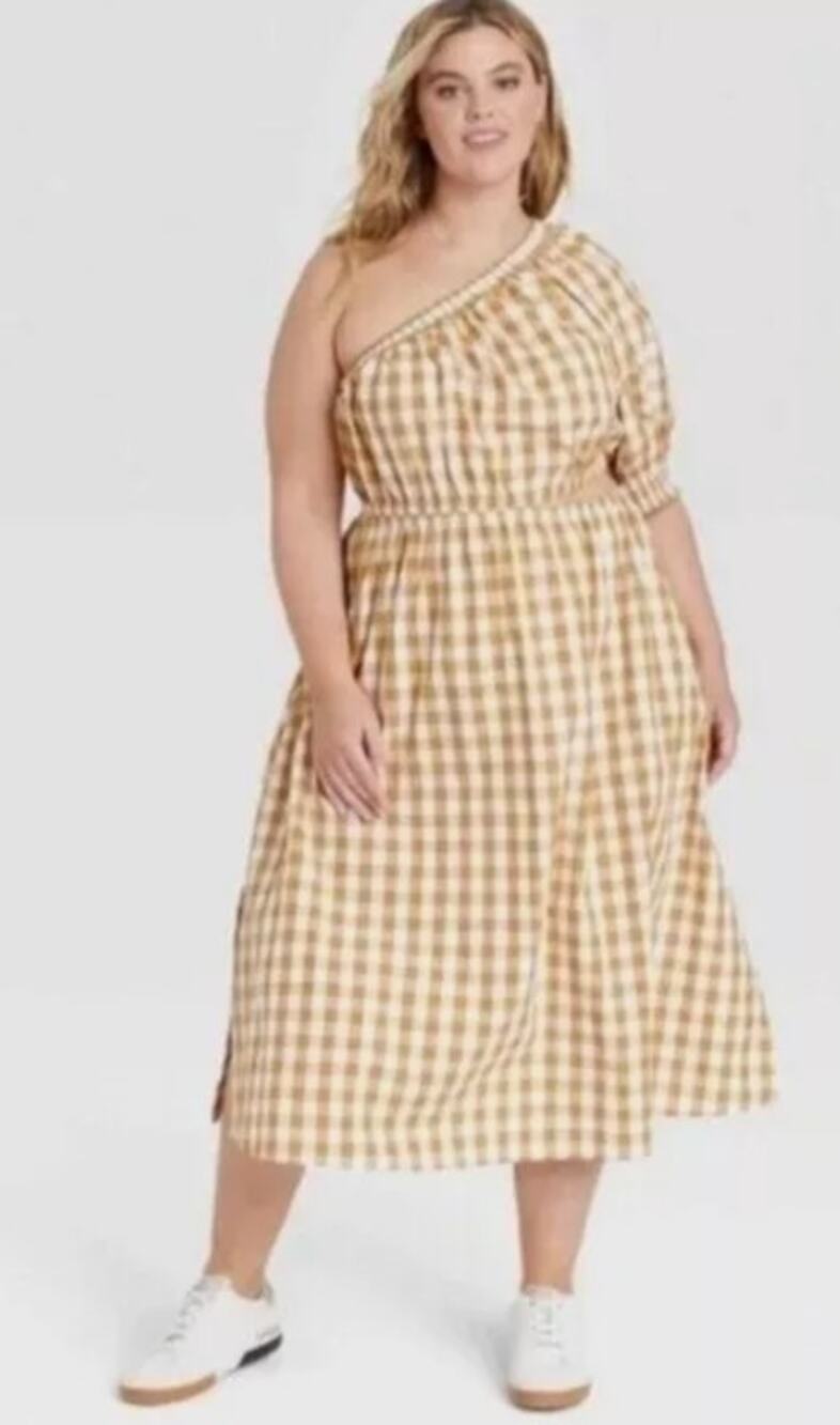 Who What Wear Mustard Yellow White Gingham One-Shoulder Cut-Out Dress Size 2X